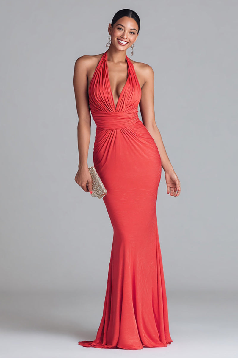 Laden Sie das Bild in den Galerie-Viewer, Wassermelonenrot Neckholder Geraffte Meerjungfrau Lange Formelle Kleid