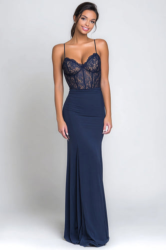 Marineblau Meerjungfrau Spaghettiträger Lange Korsett Formelle Kleid mit Spitze