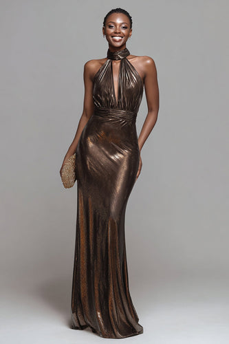 Glitzer Braun Hoher Ausschnitt Meerjungfrau Metallic Lange Formelle Kleid