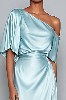 Hellblau Satin Eine Schulter Meerjungfrau Lange Formelle Kleid mit Ärmel