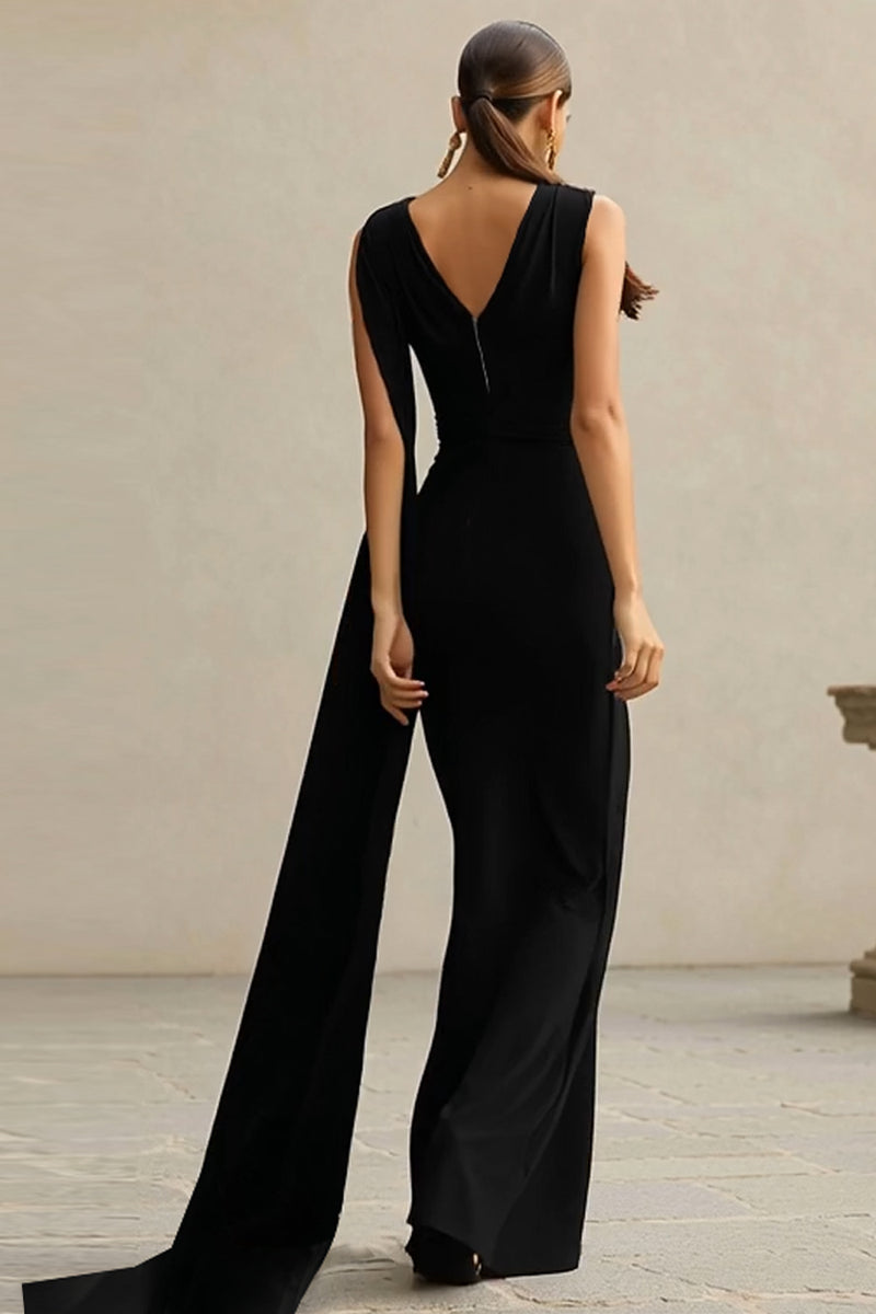 Laden Sie das Bild in den Galerie-Viewer, Schwarz Eine Schulter Meerjungfrau Halstuch Lange Formelle Kleid