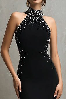 Glitzer Schwarz Neckholder Meerjungfrau Lange Formelle Kleid mit Perlen