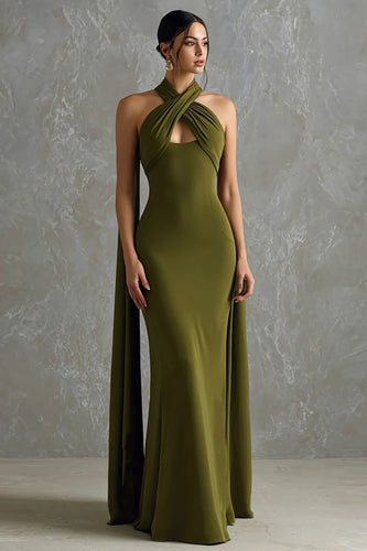 Olivgrün Neckholder Halstuch Meerjungfrau Lange Formelle Kleid