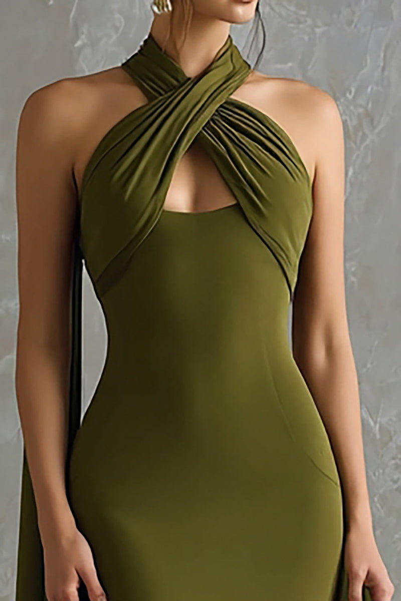 Laden Sie das Bild in den Galerie-Viewer, Olivgrün Neckholder Halstuch Meerjungfrau Lange Formelle Kleid