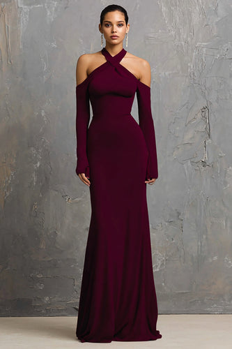 Burgunderrot Neckholder Lange Ärmel Lange Formelle Kleid