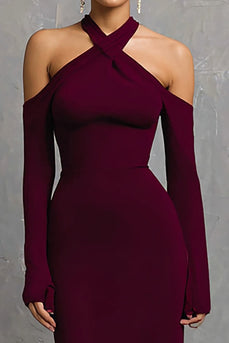 Burgunderrot Neckholder Lange Ärmel Lange Formelle Kleid