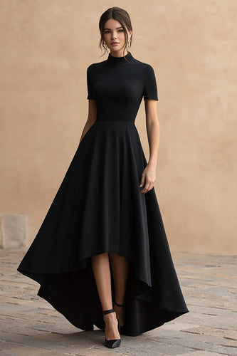 Schwarz Satin Hoher Ausschnitt A Linie Kurze Ärmel High-Low Formelle Kleid