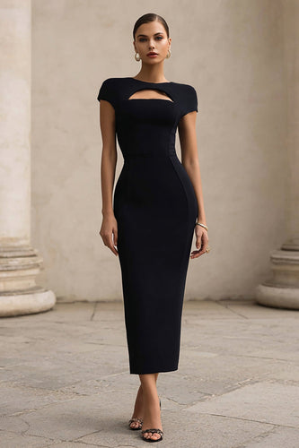 Schwarz Rundhalsausschnitt Cut Out Lange Formelle Kleid mit Ärmel