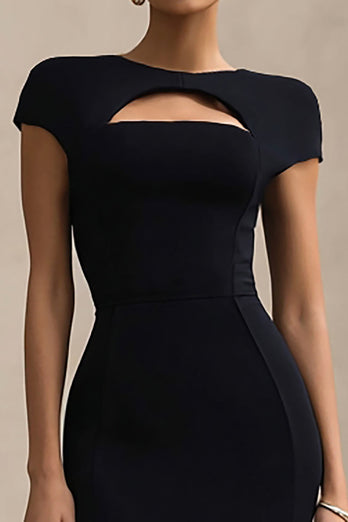 Schwarz Rundhalsausschnitt Cut Out Lange Formelle Kleid mit Ärmel
