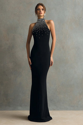 Glitzer Schwarz Meerjungfrau Neckholder Lange Formelle Kleid mit Perlen