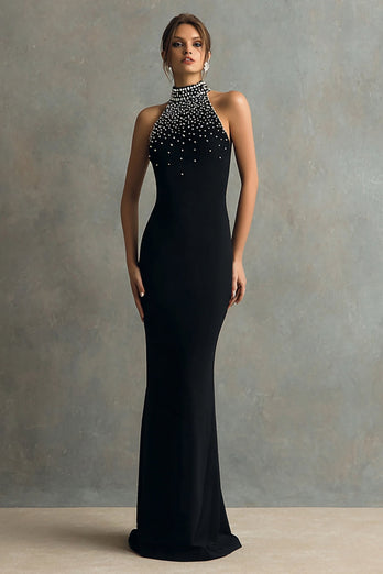 Glitzer Schwarz Meerjungfrau Neckholder Lange Formelle Kleid mit Perlen