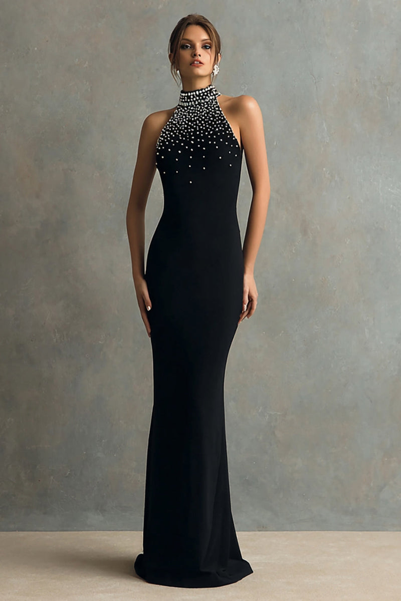 Laden Sie das Bild in den Galerie-Viewer, Glitzer Schwarz Meerjungfrau Neckholder Lange Formelle Kleid mit Perlen