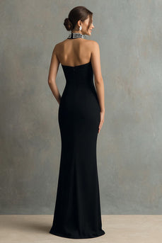 Glitzer Schwarz Meerjungfrau Neckholder Lange Formelle Kleid mit Perlen