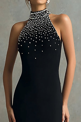 Glitzer Schwarz Meerjungfrau Neckholder Lange Formelle Kleid mit Perlen
