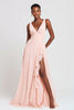 Laden Sie das Bild in den Galerie-Viewer, Pink Chiffon V-Ausschnitt A Linie Lange Formelle Kleid mit Schlitz