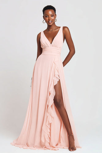 Pink Chiffon V-Ausschnitt A Linie Lange Formelle Kleid mit Schlitz