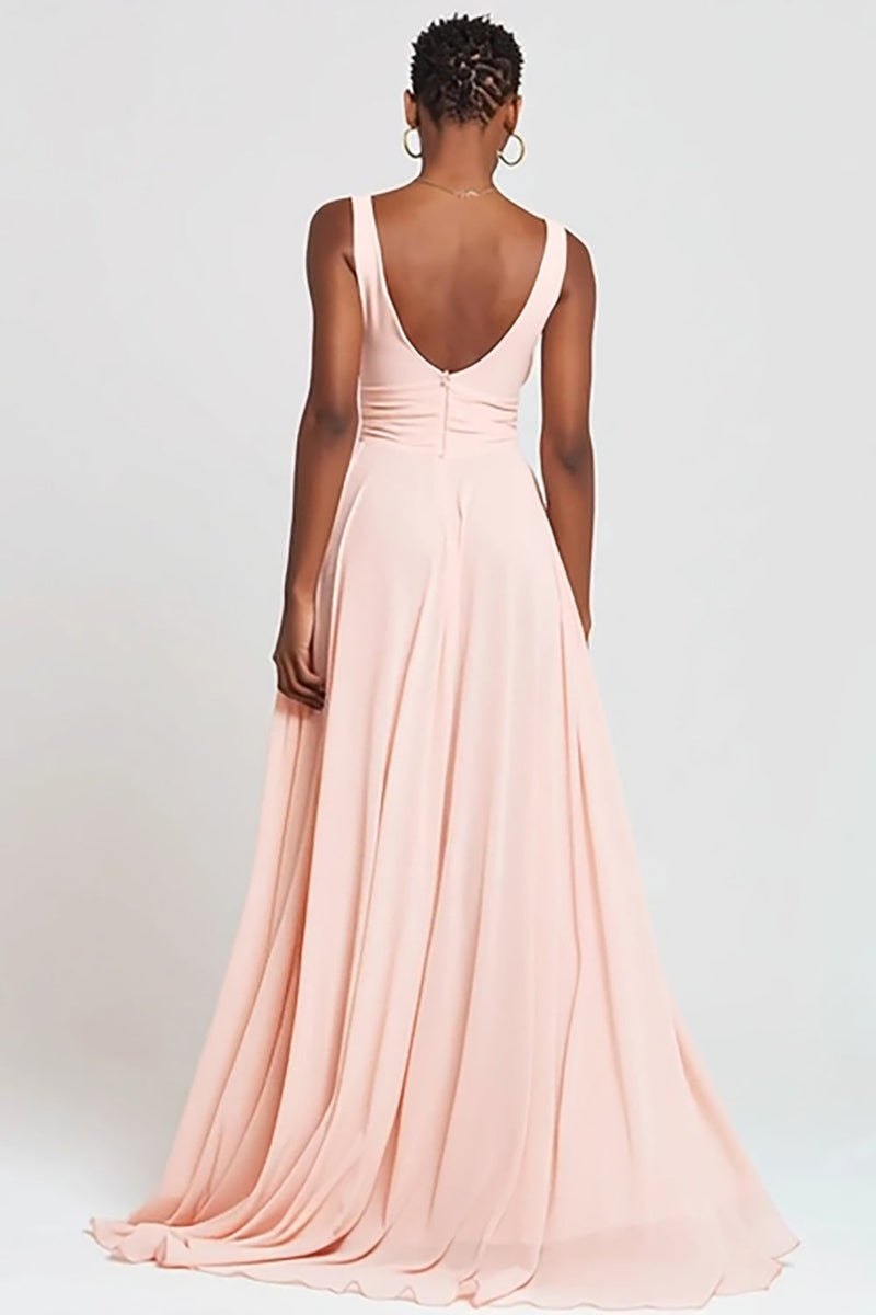 Laden Sie das Bild in den Galerie-Viewer, Pink Chiffon V-Ausschnitt A Linie Lange Formelle Kleid mit Schlitz