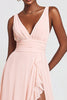 Laden Sie das Bild in den Galerie-Viewer, Pink Chiffon V-Ausschnitt A Linie Lange Formelle Kleid mit Schlitz