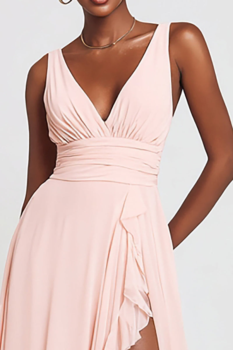 Laden Sie das Bild in den Galerie-Viewer, Pink Chiffon V-Ausschnitt A Linie Lange Formelle Kleid mit Schlitz