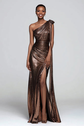 Glitzer Braun Metallic Eine Schulter Meerjungfrau Lange Formelle Kleid mit Schlitz