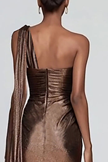 Glitzer Braun Metallic Eine Schulter Meerjungfrau Lange Formelle Kleid mit Schlitz