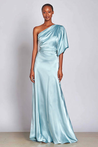 Hellblau Eine Schulter Satin Lange Formelle Kleid mit Ärmel