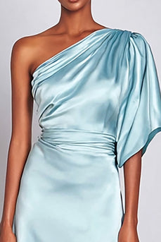 Hellblau Eine Schulter Satin Lange Formelle Kleid mit Ärmel
