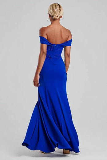Königsblau Schulterfreie Meerjungfrau Lange Formelle Kleid mit Schlitz
