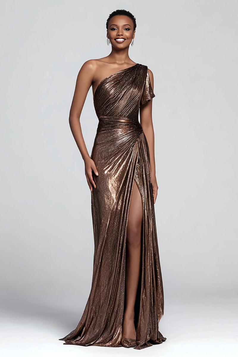 Laden Sie das Bild in den Galerie-Viewer, Glitzer Braun Metallic Eine Schulter Meerjungfrau Lange Formelle Kleid mit Schlitz