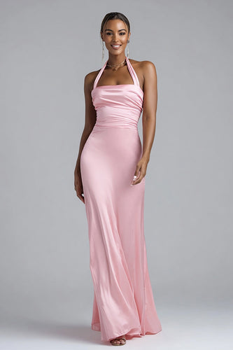 Pink Neckholder Satin Meerjungfrau Lange Formelle Kleid