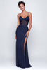 Laden Sie das Bild in den Galerie-Viewer, Marineblau Spaghetti Straps Spitze Meerjungfrau Lange Formelle Kleid mit Schlitz