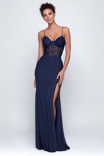 Marineblau Spaghetti Straps Spitze Meerjungfrau Lange Formelle Kleid mit Schlitz