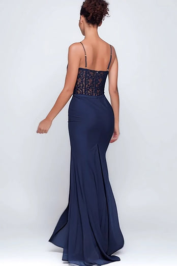 Marineblau Spaghetti Straps Spitze Meerjungfrau Lange Formelle Kleid mit Schlitz