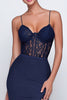 Laden Sie das Bild in den Galerie-Viewer, Marineblau Spaghetti Straps Spitze Meerjungfrau Lange Formelle Kleid mit Schlitz