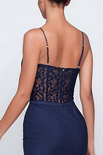 Marineblau Spaghetti Straps Spitze Meerjungfrau Lange Formelle Kleid mit Schlitz
