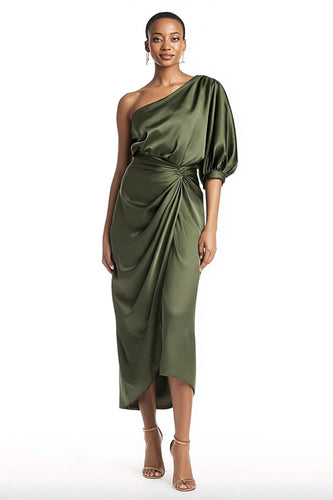 Olivgrün Eine Schulter Satin Teelänge Formelle Kleid mit Ärmel