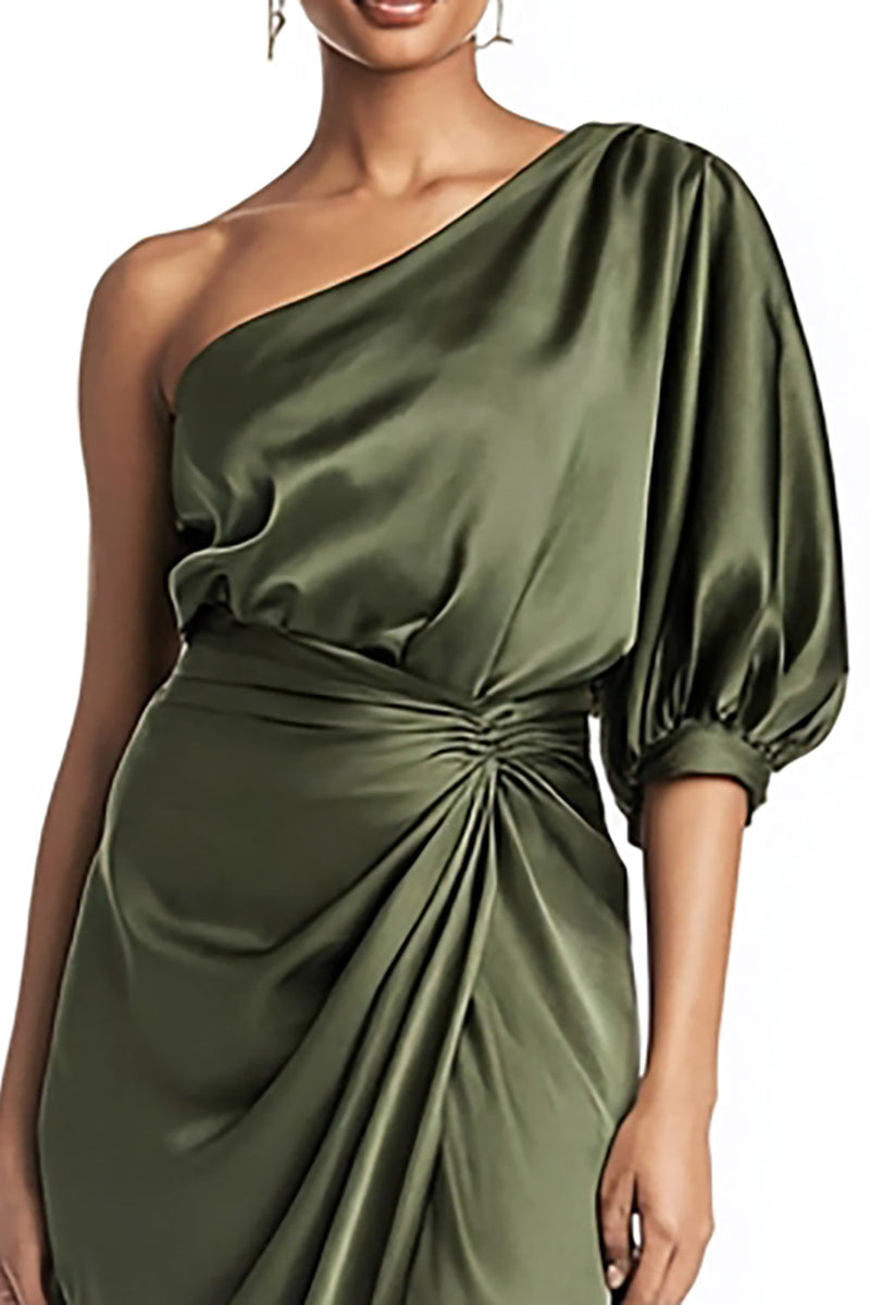 Laden Sie das Bild in den Galerie-Viewer, Olivgrün Eine Schulter Satin Teelänge Formelle Kleid mit Ärmel