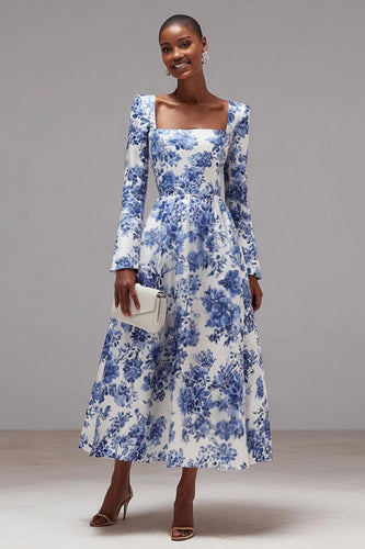 Blau und Weiß Blumen Quadratischer Ausschnitt A Linie Hochzeitsgast Kleid mit Ärmel