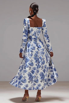 Blau und Weiß Blumen Quadratischer Ausschnitt A Linie Hochzeitsgast Kleid mit Ärmel