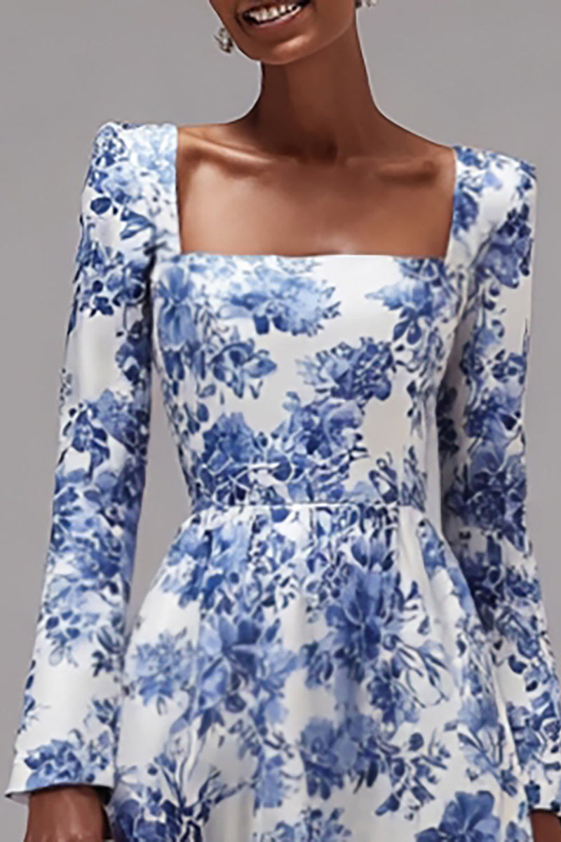Laden Sie das Bild in den Galerie-Viewer, Blau und Weiß Blumen Quadratischer Ausschnitt A Linie Hochzeitsgast Kleid mit Ärmel