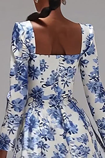 Blau und Weiß Blumen Quadratischer Ausschnitt A Linie Hochzeitsgast Kleid mit Ärmel