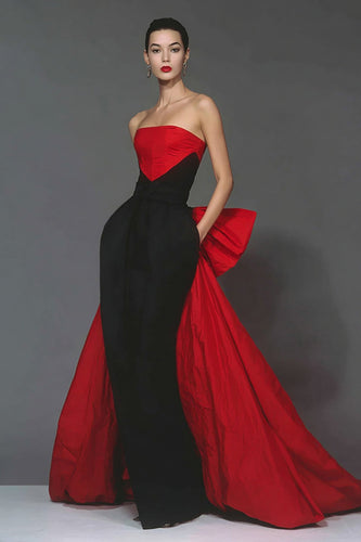 Schwarz und Rot Trägerlos Meerjungfrau Lange Abendkleid mit Cape