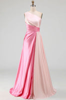 Laden Sie das Bild in den Galerie-Viewer, Rosa Satin One schulter A-Linien Maxi Abendkleid