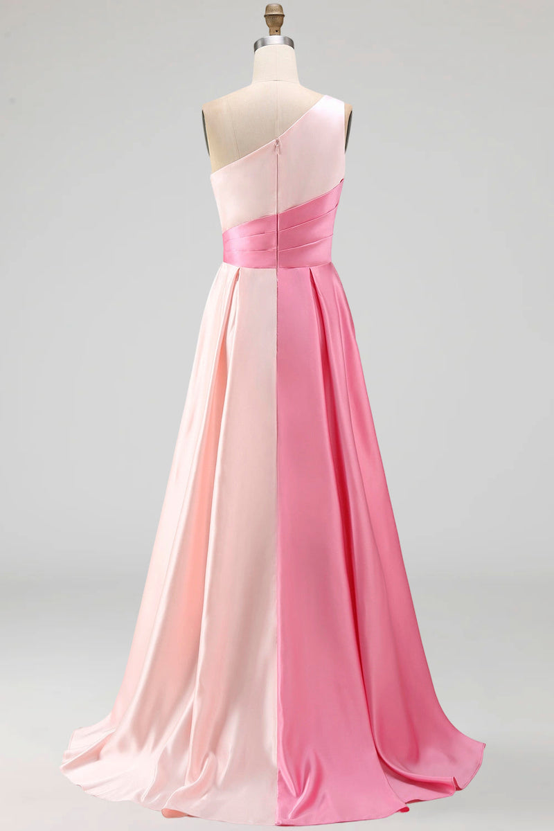 Laden Sie das Bild in den Galerie-Viewer, Rosa Satin One schulter A-Linien Maxi Abendkleid