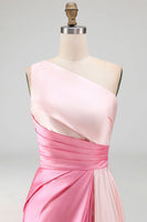 Laden Sie das Bild in den Galerie-Viewer, Rosa Satin One schulter A-Linien Maxi Abendkleid