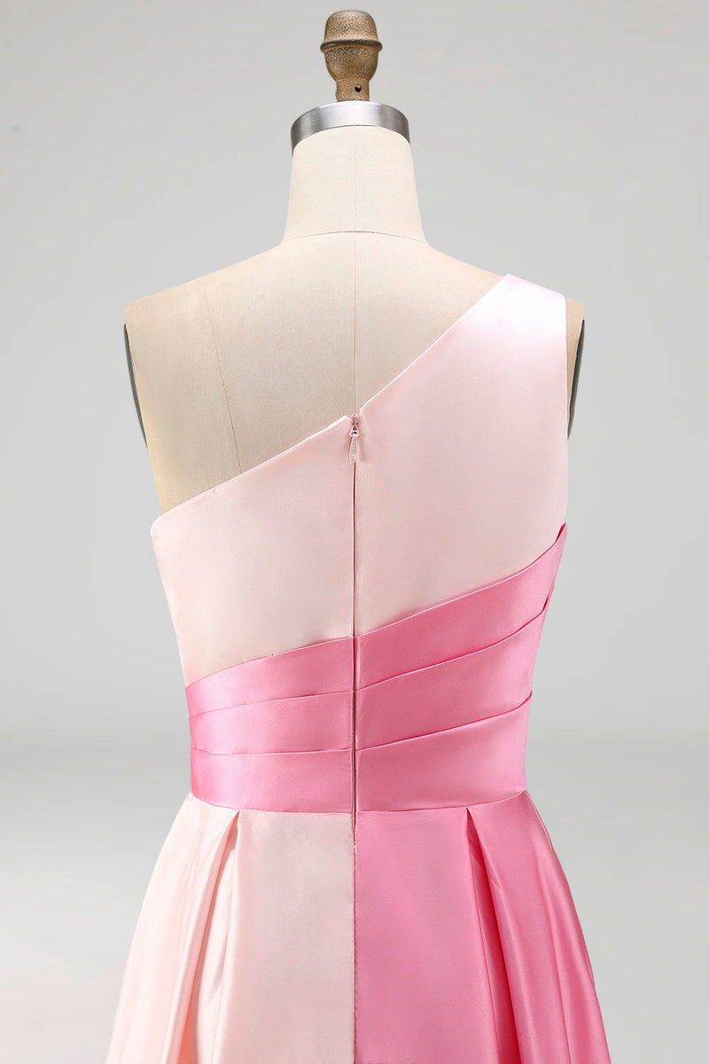 Laden Sie das Bild in den Galerie-Viewer, Rosa Satin One schulter A-Linien Maxi Abendkleid