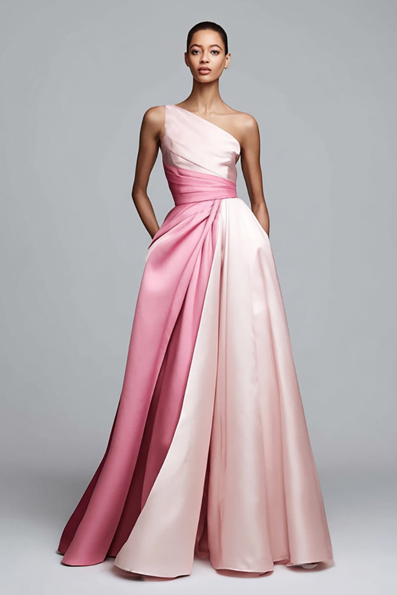 Laden Sie das Bild in den Galerie-Viewer, Leely Women Pink Satin Maxi Formal Dress One Shoulder A Line Patchwork Party Dress Formal Weddig Guest Dress with Pockets Alternative Wedding Guest Dress