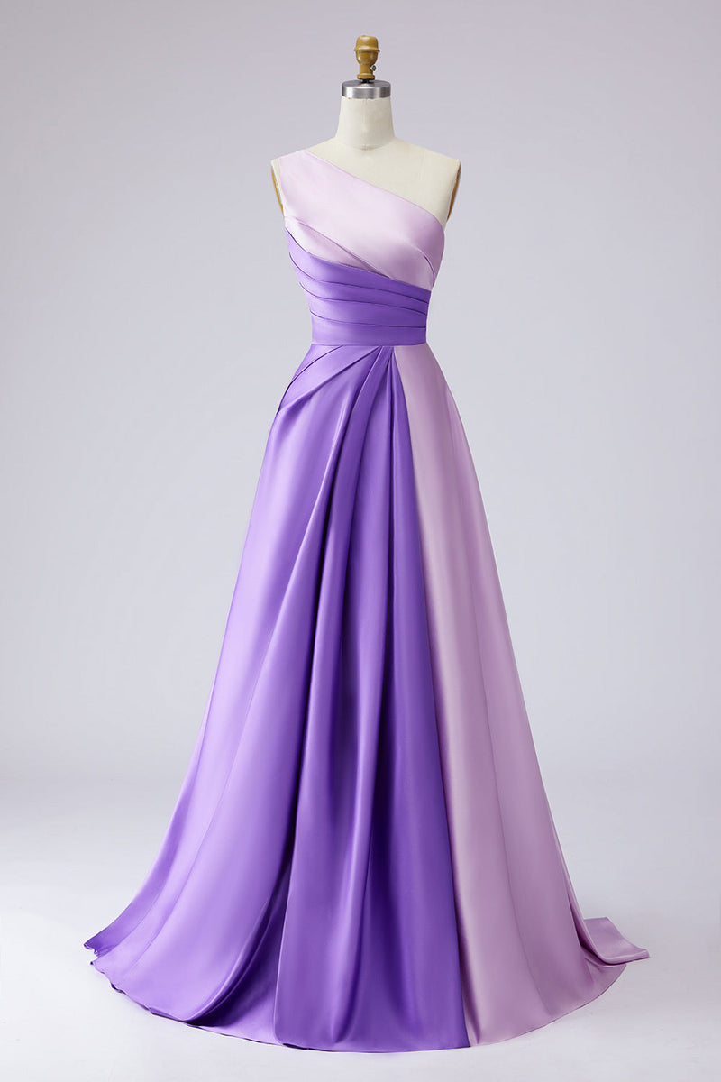 Laden Sie das Bild in den Galerie-Viewer, Rosa Satin One schulter A-Linien Maxi Abendkleid