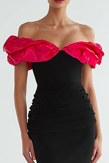 Schwarz und Fuchsia Meerjungfrau Schulterfreie Lange Abendkleid