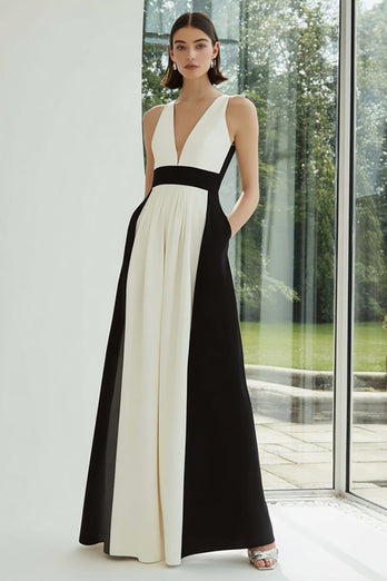 Schwarz und Weiß V-Ausschnitt Patchwork Lange Formelle Kleid mit Taschen